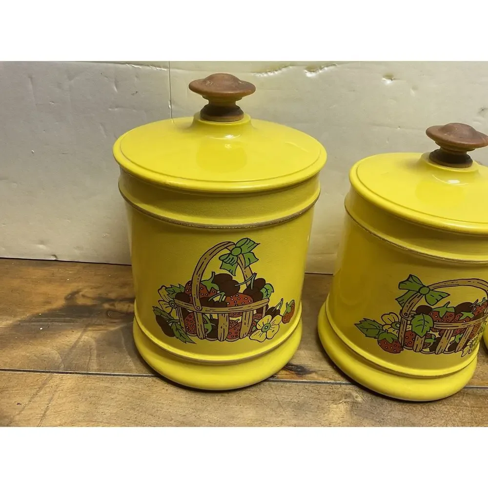 Vtg 70s Kromex Yellow Fruit Basket Aluminum Kitchen Canister Set